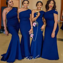 Royal Blue 2019 Długa Syrenka Druhna Dresses One Shoulder Satin Formalna Gościnna Ślubna Robe de Mariage Vestidos