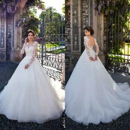 Lussano Beach A Line Wedding Dresses Lace Applique Long Sleeve Sweep Train Bridal Gowns Plus Size Wedding Gown robe de mariee