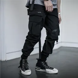 Multi Pocket Hip Hop Streetwear Мужские Black Joggers Брюки Мужчины Хлопковые ленты Грузовые брюки Брюки Эластичная талия