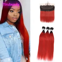 Malaysian 1B/Red Ombre Human Virgin Hair 3 Bundles With 13X4 Lace Frontal Straight Two Tones 1B Red Hair Wefts