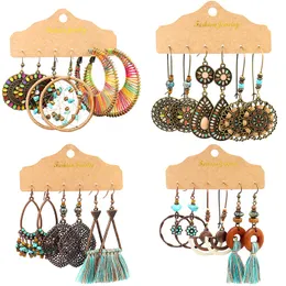 Kobiety bohemian dangle frędzle kolczyki styl etniczny DreamCatcher pleciony geometryczne kolczyki mody biżuteria 3 pary/zestaw