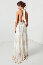 Vintage bohemian koronkowe sukienki ślubne 2021 Retro halter v szyja bez pleców ludzie hipisowe sukienka ślubna w stylu ślubnym 2225