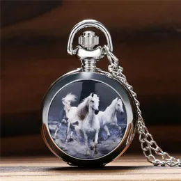 ビンテージブロンズシルバーポケットウォッチクォーツアナログ時計ランニング馬デザインネックレスチェーン男性女性Relojのための最高の贈り物