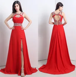 Tanie Cekinowe Zroszony Szyfonowa A-Line Prom Dresses Side Split Suknia wieczorowa Sexy Open Back Formal Party Pagewant Sukienka w magazynie CPS121