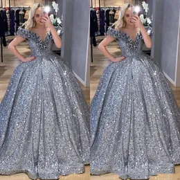 Sequin Glitter Sier Arabic Ball Gown Prom Dresses Off the Shoulder Ruffles Masquerade Plus Evening Gowns Party Dress Vestido De Festa s