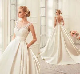 Custom Lace Bröllopsklänningar 2020 Brudklänningar med fickor Scoop Neck Backless Sweep Train Plus Size En Line Bride Dresses