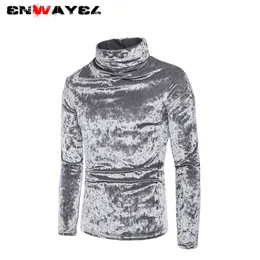 ENWAYEL 2019 Autunno Inverno Nuovo di Seta di Colore Solido di Corallo Felpe in pile Fashion Design A Collo Alto Pullover da Uomo WY52