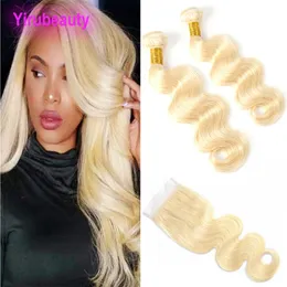Peruansk människa hår 2 buntar med 4x4 spetsstängning med babyhår yirubeauty 613# blond kroppsvåg hårprodukter med spetsstängning 10-30 tum