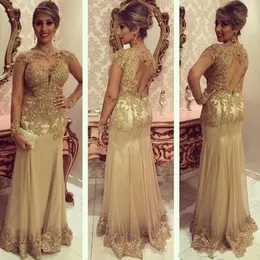 2020 Cheap Arabic Mermaid Evening Dresses Illusion With Gold Lace Appliques Beaded Long Sleeves Hollow Back Floor Length Party Prom Gowns