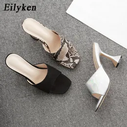 Eilyken 2020 Summer Women Snake grain Gladiator Slippers High Heels Mules Square Toe Sandals Sexy Female Outdoor Party Shoes