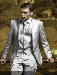 New High Quality Two Button Silver Grey Groom Tuxedos Peak Lapel Groomsmen Best Man Suits Mens Wedding Suits (Jacket+Pants+Vest)