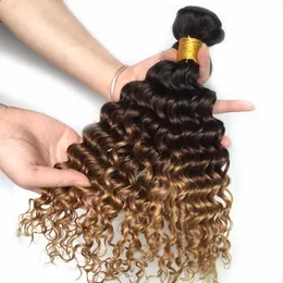 Feixes de trama de cabelo brasileiro ombré onda profunda T1B/4/27 cabelo humano três tons trama de cabelo remy