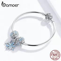 Wholesale-Blue Crystal 925 Sterling Silver Winter Snowflake Princess Bangle for Women Girl Charm Bracelet Luxury European Bijoux Making