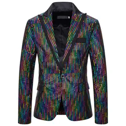 Blazer de lantejoulas brilhantes multicolorido, um botão, slim fit, casaco casual de lantejoulas, roupa de palco, cantor, anfitrião, bar, festa, blazers, traje1229l