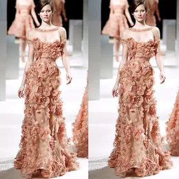 Elie Saab Prom Dreess Full 3d Appiqued Hand Made Flower Evening Gowns Beades Sheer Jewel Neck Red Carpet Fashion Dress