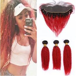 # 1B Capelli umani ricci crespi Ombre rosse 3 pacchi con pizzo frontale Ombre nere e rosse luminose Capelli vergini brasiliani con frontale