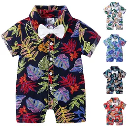 Baby Boy Clothes Leaf Printed Toddler Romper Bow Infant Boys Jumpsuits Short Sleeve Children Outfits Boutique Baby Clothing M1956