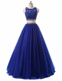 Royal Blue Lace Aplikacje 2 sztuki Prom Dresses z Kamieniem Rhinestone 2020 Długość piętra Prom Suknia Zipper Powrót