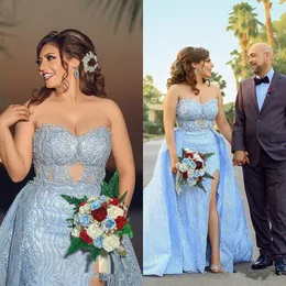 Dubai Sky Blue Prom Dresses Plus Size Lace Overskirt Side Split Celebrity Sukienka Sweetheart Robes De Mariée Custom Made Evening Suknie