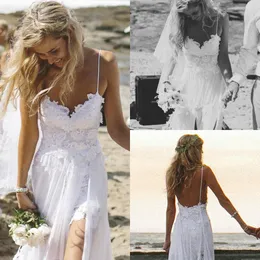 Summer Beach 2020 Wedding Dresses Sexy Backless White Spaghetti Sheath High Split Lace Applique Chiffon Bridal Gowns Dress Women