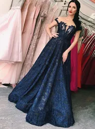 New Navy Blue Sparkly Lace Arabic Evening Dresses Sheer Neck Cap Sleeve Illusion Bodice Floor Length Formal Prom Special Occasion Gowns