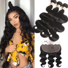 Peruvian 100% Human Hair Wefts med 13x6 Lace Frontal Gratis Part Body Wave Bundes med 13 av 6 Frontal Natural Color Weaves