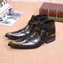 Men British Style Real Leather Winter Autumn Buckle Party Dress Plus Size Brown Pointed Toe Motorcycle Ankle Boots