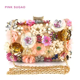 ピンクの菅生の高級チェーンバッグ女性のショルダーバッグデザイナーディナーバッグの手作りの色の花のビーズバッグイブニングショルダーバッグ