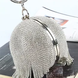 Women Diamond Clutch Evening Bag Bridal Wedding Round Ball Crystal Bags Tassel Purse Fashion Tote Handbag Shining Crossbody Bag