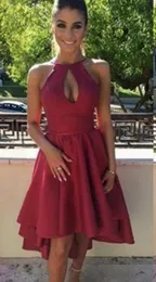 2020 New Sheer Sem Mangas Hi-Lo Vermelho Vermelho Vestidos Uma Linha Halter Pescoço Backless Chá Comprimento Cocktail Vestidos 16 Vestidos Formal Party Barato