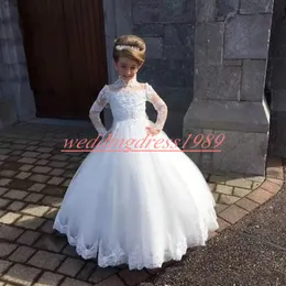 Yeni Varış Beyaz Yüksek Boyun Tül Çiçek Kız 'Elbiseler Dantel A-Line Kızlar Doğum Günü Örgün Törenlerinde İlk Communion elbise Çocuk Tutu Pageant