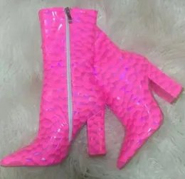 Nowe Kobiety Laser Hot Pink Buty Zip Up Kobiety Kostki Botki Kwadratowe Buty Heel Point Toce Mermaid Color Boots Buty Party