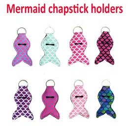 Mermaid Keychains Chapstick Holder Keychain Lipstick Cover Fish Design Key Ring Baseball Stripe Cover Case Gift