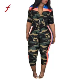 Feitong Summer Women Clothing Set Zipper Camouflage Stripe Toppar Half Sleeve Loose Coat + Camisole Långbyxor 3 st Outfit Set / PY