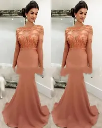 Sexy Meerjungfrau Abschlussball Kleider Satin Spitze Tüll Schmuck Hals Perlen Illusion Langarm Sweep Zug Plus Größe Custom Party Abendkleider