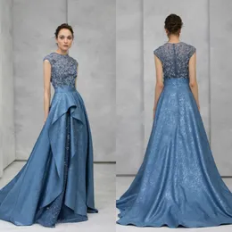 2020 r. Linia Suknie wieczorowe Jewel Appliqued Koronki Cekiny Koronki Ruched Prom Dresses Sweep Train Custom Made Formal Party Suknie