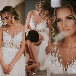 Sexy Dresses Boho Illusion Top D Floral Lace Applique Sheer Jewel Neck Sleeveless A Line Tulle Beach Wedding Gown Plus Size