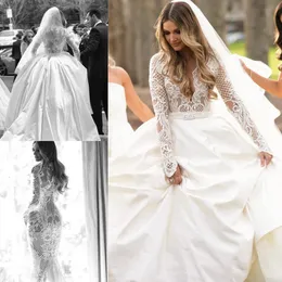 2020 Boho-Hochzeitskleider mit abnehmbarer Schleppe, Spitze, lange Ärmel, Meerjungfrau, Strandhochzeitskleider, Vestido de Novia, Illusion-Perlen-Brautkleid