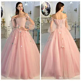 Off the Ramię Tulle Prom Dresses Linia 3d Handmade Flower Lace Up Powrót Długie Suknie Wieczorowe Custom Size