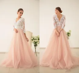 2019 Dreaming Blush Różowy Ivory A-Line Suknie Ślubne Suknie ślubne z iluzją Z Długim Rękawem Sexy V-Neck V-Neck Princess Wedding Recepcja