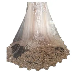 Bling Bling Champagner Hochzeitsschleier Applikationen Spitze mit Kamm Braut für Mädchen Kathedrale Luxus Lange Kapellenlänge Perlen