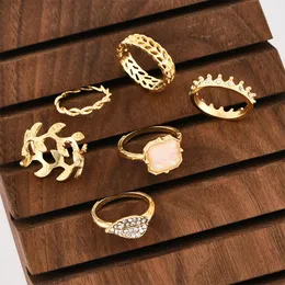 Partihandel-Trendy Bohemia Leaf Crystal Crown Rings Set för Kvinnor Guld Bröllop Ringar Lady Nya Smycken Gåvor