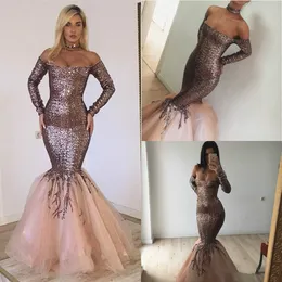 2019 Rose Gold Suknie wieczorowe Off The Ramię Cekiny Sweep Długość Floor Długość Mermaid Prom Dress Custom Made Long Sleeve Specjalne okazje