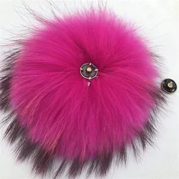 15cm/6"-Rose Red Soft Real Genuine Raccoon Fur Pompom Ball W Button On Hat Bag Charm Key Chain Keyring DIY Accessories