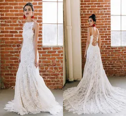 2019 Backless Mermaid Bröllopsklänningar Spaghetti Lace Appliqued Sweep Train Beach Wedding Dress Custom Made Boho Bohemian Bridal Gowns