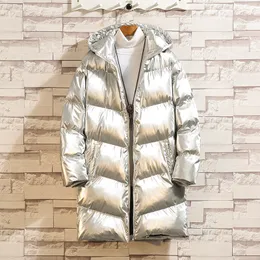 Mäns Ned Parkas Yasuguoji 2021 Fashion Bright Silver Winter Man Jacka Tjock bomull Padded Mens Jackor och Coats Hooded Warm Long Parka