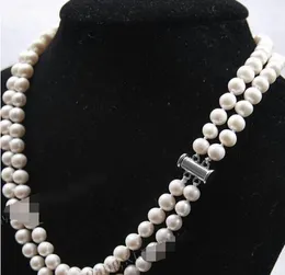 FREE SHIPPING Charming!2Rows 8-9mm White Akoya Cultured Pearl Necklace 17-18''