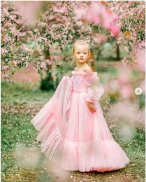 2019 Nowy Różowy Tulle Linia Z Długim Rękawem Princess Flower Girl Sukienki na ślub Kids Clothes Baby Girl 1st Urodziny Dress