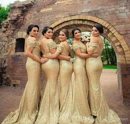 2019 Gold Cekinowa sukienka Druhna Mermaid Off Ramiona Kraj Ogród Formalny Wedding Party Guest Maid of Honor Gown Plus Size Custom Mad