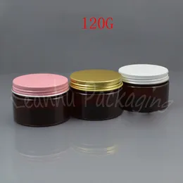 Barattolo crema di plastica marrone 120G, barattolo tappo in alluminio rosa / bianco / oro addensato 120CC, contenitore cosmetico vuoto